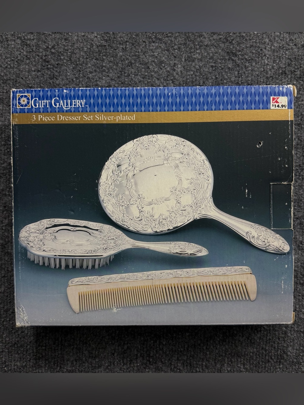 Vintage Kmart Silver Plated Vanity Set Mirror Brush Comb 3 Piece NOS